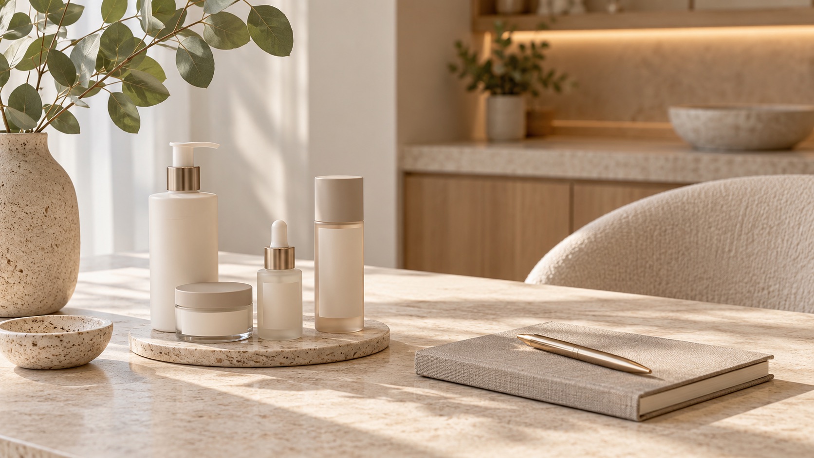 Skincare products and notebook arranged for a skin consultation in Camden